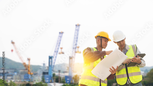 Construction engineers discussion with architects at construction site or building site of highrise building, Civil Engineer Hispanic smiling with Constuction backgrounds, use for banner cover. photo