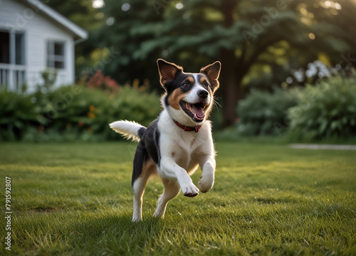 A cheerful black and white dog jumps and plays in the backyard of the house. Created with Generative AI technology.