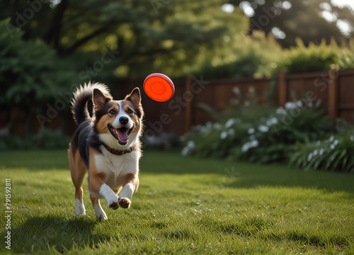 A happy dog is playing with a red frisbee in the backyard of the house. Created with Generative AI technology. photo