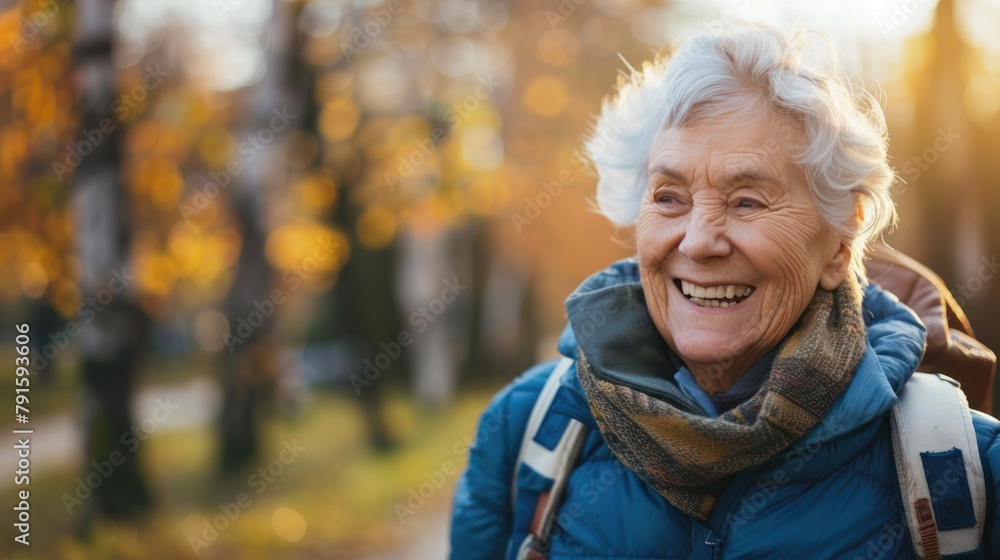 An elderly person smiling while taking a brisk walk outdoors, promoting physical activity for overall health and well-being An elderly person smiling while taking a brisk walk outdoors, promoting physical activity for overall health and well-being
