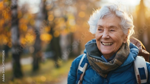 An elderly person smiling while taking a brisk walk outdoors, promoting physical activity for overall health and well-being