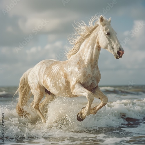 A white wild horse galloping on the beach