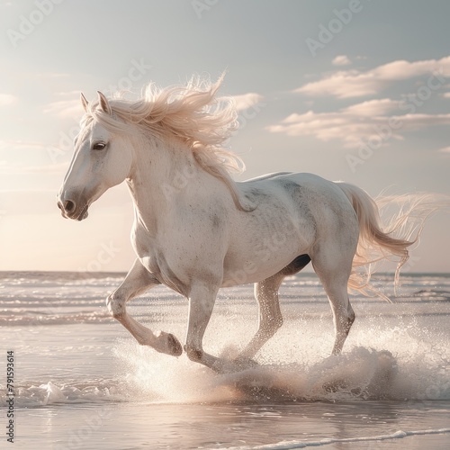 A white wild horse galloping on the beach