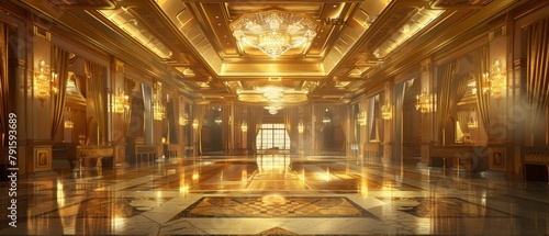 A large, opulent hall with golden walls, floor, and ceiling. There are several chandeliers hanging from the ceiling and the floor is made of marble. photo