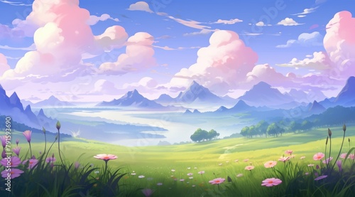 Meadow with fluffy clouds  vibrant flowers under a fantasy moon