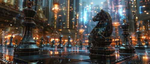 A knight stands on a chessboard in the middle of a futuristic city.