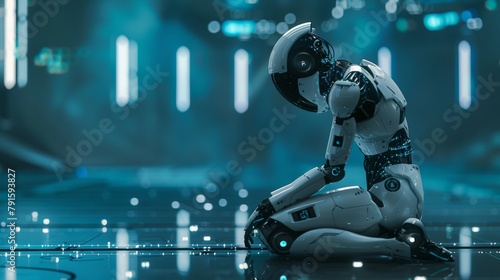 In a futuristic cyberspace, a female cyborg or robot with advanced artificial intelligence kneels on a platform, embodying the fusion of human-like features with mechanical precision.