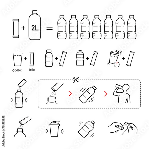 Icons of stick package bag set with samples, preparation instructions for oral rehydration sachet. Vector elements for infographics. Set of sign for detailed guideline. Ready for your design. EPS10.