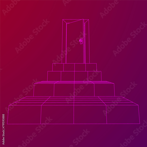 Stairway path to open door. Steps leading into the future concept. Wireframe low poly mesh vector illustration