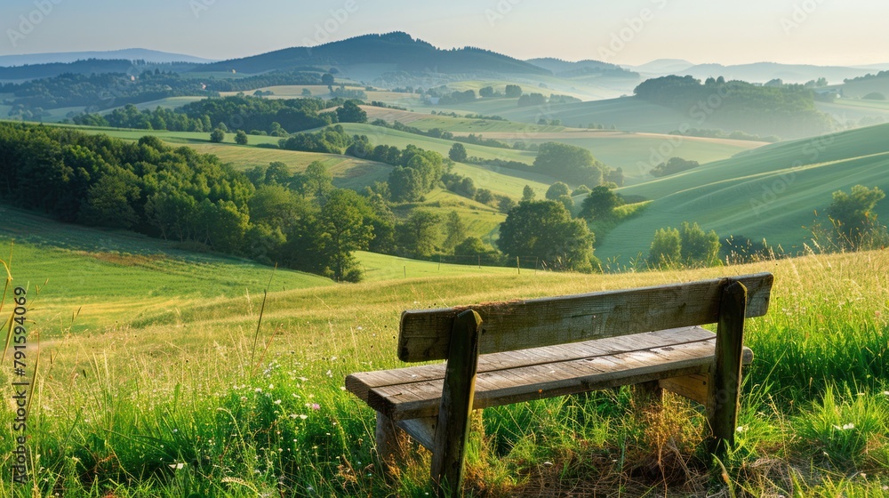 A peaceful countryside scene with a rustic wooden bench overlooking rolling hills and fields, inviting moments of quiet reflection.