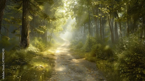 A peaceful forest path dappled with sunlight filtering through the trees, beckoning wanderers to embark on a journey of tranquility