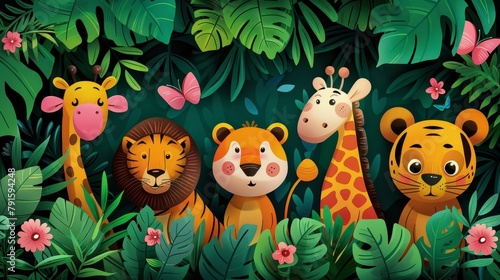 A group of cute cartoon animals in a jungle setting.