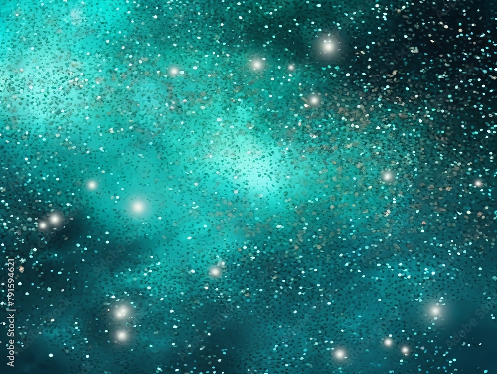 Turquoise glitter texture background with dark shadows, glowing stars, and subtle sparkles with copy space for photo text or product, blank empty 