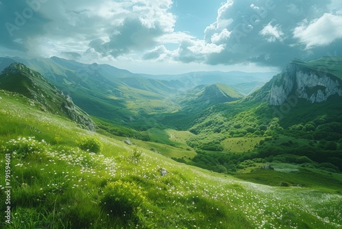 A green hillside in full bloom overlooks a gorgeous mountain valley photo