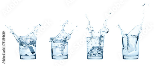 Set of Glasses with Water Splashes and Falling Ice Cubes, isolated on white background