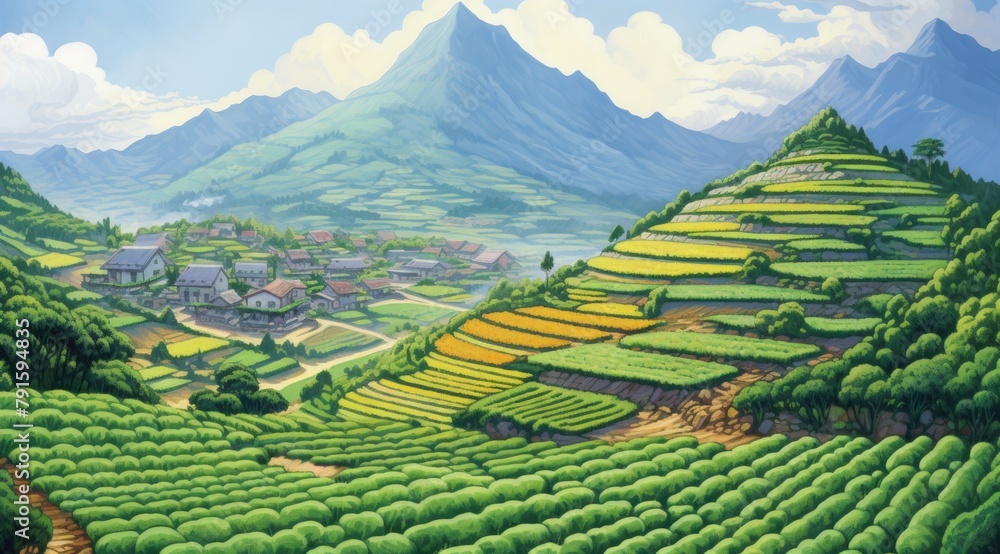 Lush green terraced fields with a majestic mountain backdrop Lush green terraced fields with a majestic mountain backdrop