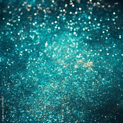 Turquoise glitter texture background with dark shadows, glowing stars, and subtle sparkles with copy space for photo text or product, blank empty 