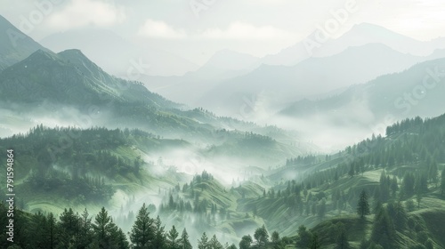 A peaceful mountain landscape, with misty peaks and rolling hills, inviting viewers to find solace and tranquility in nature's embrace