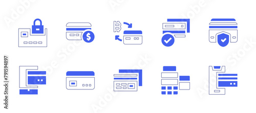 Credit card icon set. Duotone style line stroke and bold. Vector illustration. Containing credit card, card machine, secure payment, payment, online payment.