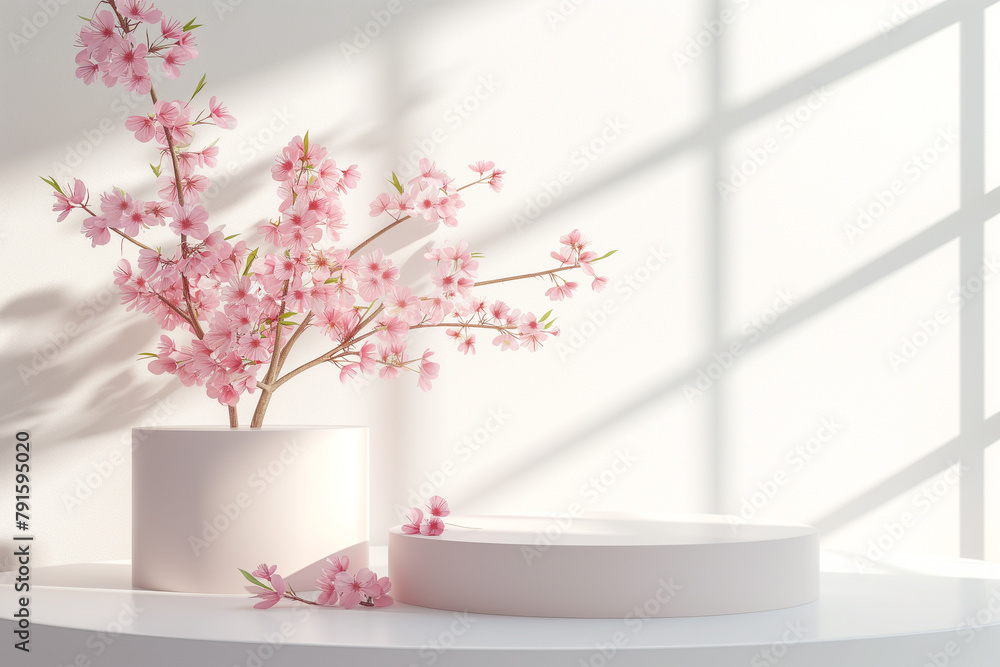 Empty podium display stand for product presentation with cherry blossom flower on background Empty podium display stand for product presentation with cherry blossom flower on background
