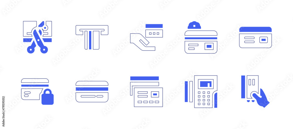 Credit card icon set. Duotone style line stroke and bold. Vector illustration. Containing secure payment, credit card, card payment, card, atm.
