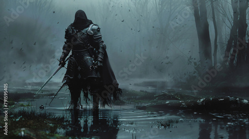 Mysterious fighter shrouded in misty swamp donned in background