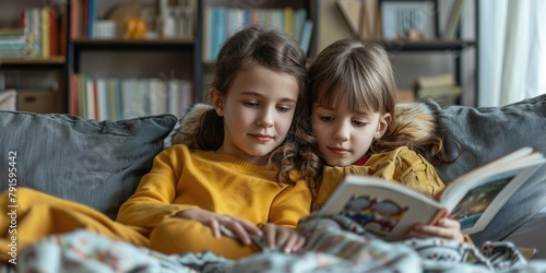 Cute children in casual clothes reading a book and smiling while sitting on a sofa in the room. ai generated