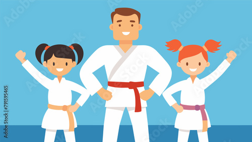A father and his two daughters mastering the art of taekwondo together their colorful belts representing their progress and dedication to their