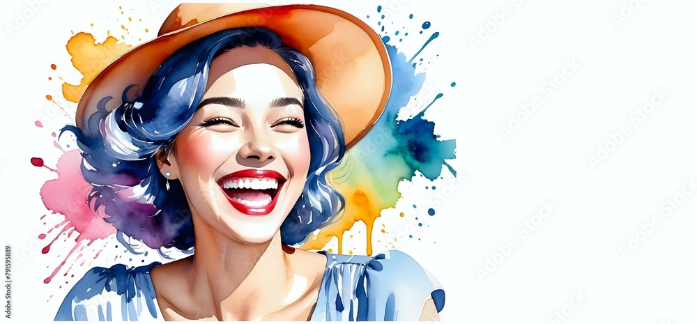 Illustration of a girl wearing hat and laughing with watercolor theme on white background Illustration of a girl wearing hat and laughing with watercolor theme on white background