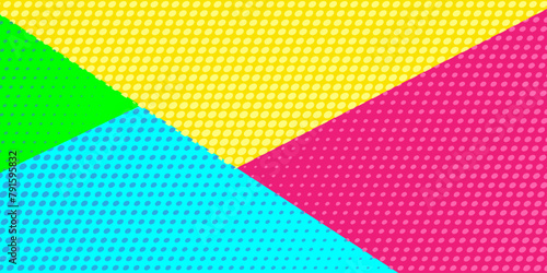 Vibrant geometric dotted background featuring bold yellow, pink, green and blue sections, pop art inspired halftone dot patter vector