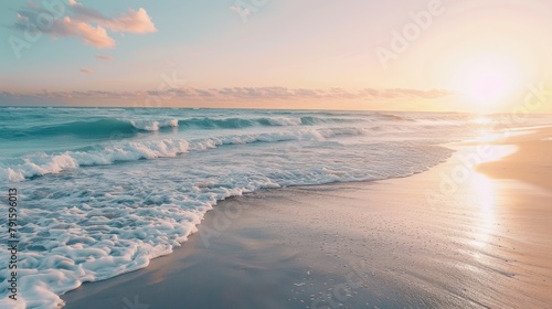 A serene beach at sunrise, with gentle waves lapping against the shore, inspiring feelings of peace, renewal, and gratitude
