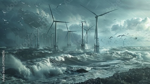 illustration of wind turbines at seashore 