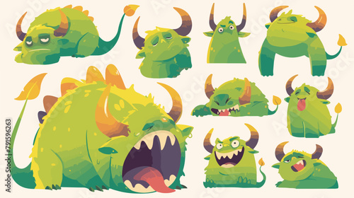 Happy green cartoon horned monster. Tired monster e
