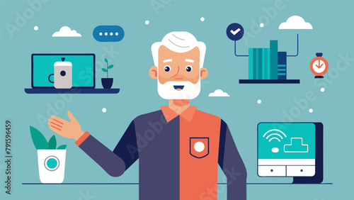 A senior man proudly displays his newly setup smart home device thanks to the patient guidance of a senior tech assistant who showed him how to