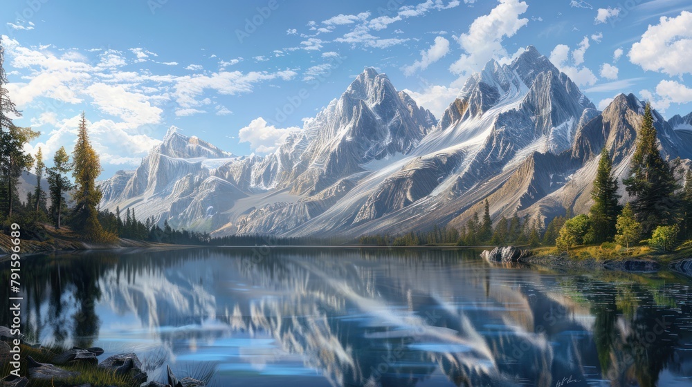 mountain lake reflecting the majestic peaks of the surrounding landscape, inspiring feelings of tranquility and awe