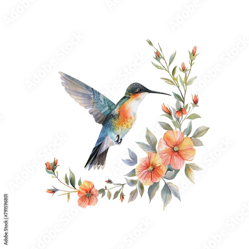 floral hummingbird vector illustration in watercolor style © mutia