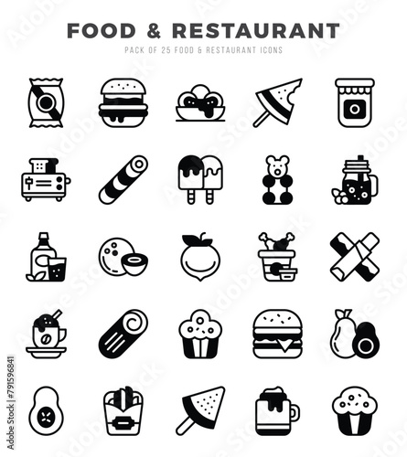 Food and Restaurant Lineal Filled icons collection. 25 icon set. Vector illustration.