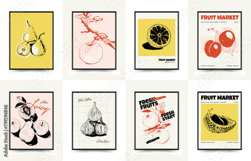 Abstract fruits posters template. Modern trendyи minimal style. Exotic Healthy Food. Hand drawn design for wallpaper, wall decor, print, postcard, cover, template, banner.