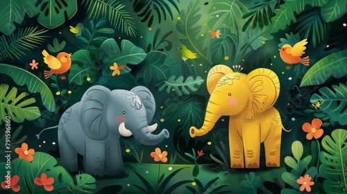 A cartoon illustration of two elephants in a jungle with big leaves and flowers. One elephant is gray and the other is yellow with a pink belly and ears. There are birds and butterflies in the trees. photo