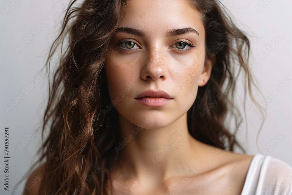 A portrait of a young woman with brown hair, freckles, and a neutral expression A portrait of a young woman with brown hair, freckles, and a neutral expression
