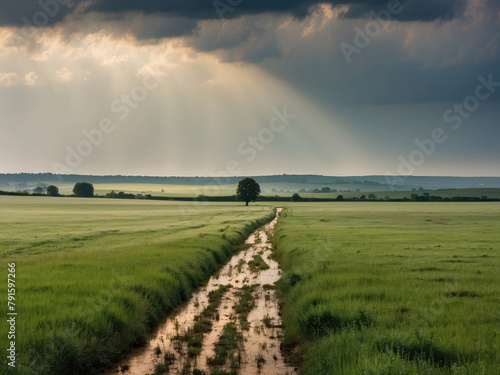 Green field contryside under the dark rain clouds photo