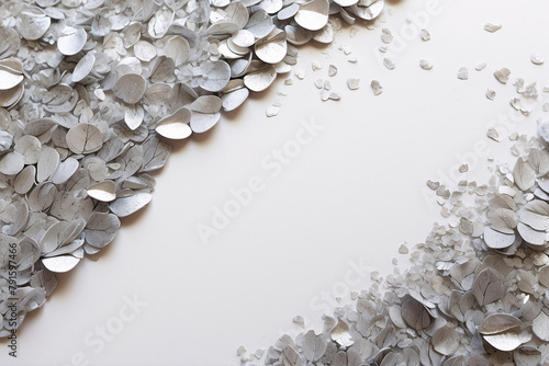 The image shows a scattering of silver confetti creating a frame around a clean white background