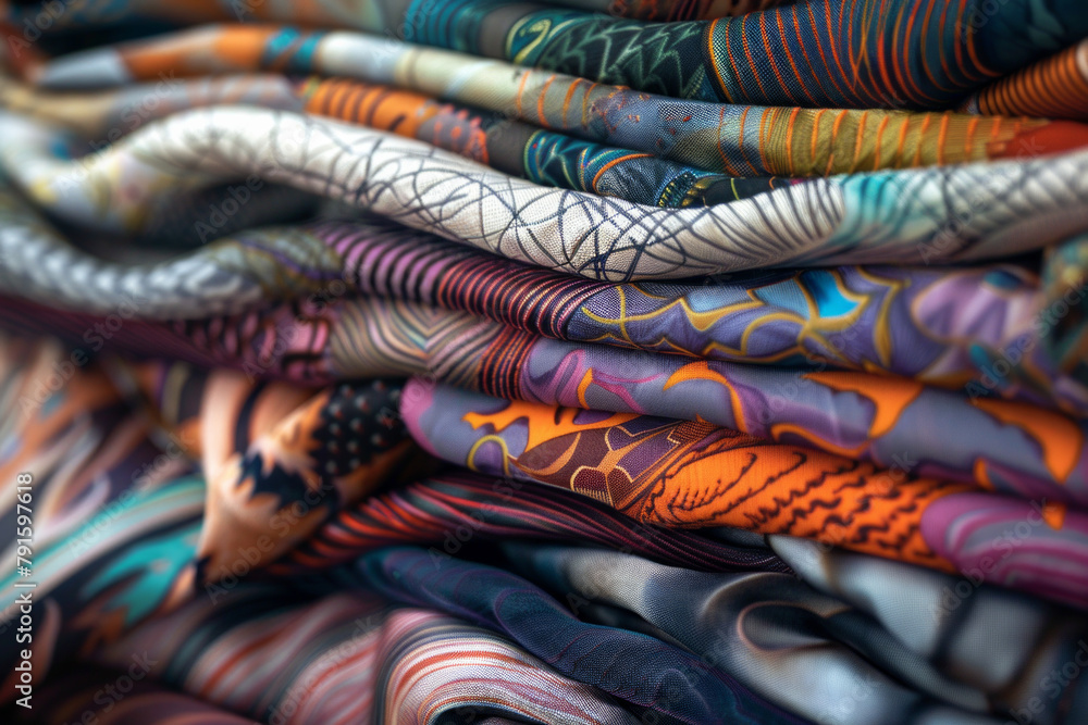 A stack of luxurious garments adorned with a captivating fusion of abstract patterns and high-fashion flair, isolated A stack of luxurious garments adorned with a captivating fusion of abstract patterns and high-fashion flair, isolated