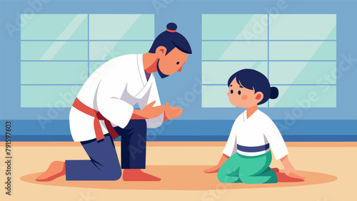 In a quiet dojo a student is shown how to properly bow as a sign of respect while the instructor explains the significance of humility and