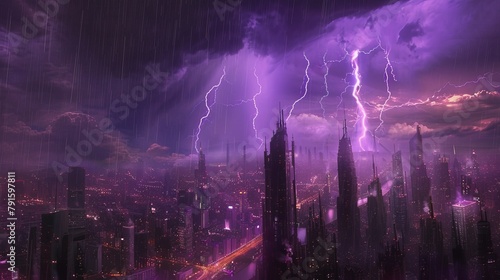 A city is illuminated by a purple-hued lightning storm