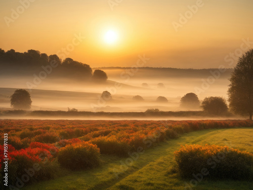 Beautiful rural landscape with sunrise and blossoming meadow