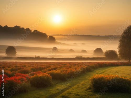 Wallpaper Mural Beautiful rural landscape with sunrise and blossoming meadow Torontodigital.ca