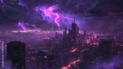 A city is illuminated by a purple-hued lightning storm