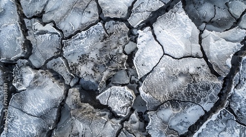 A close-up aerial view reveals the textured, dry, and cracked surface of Iceland's vast during winter