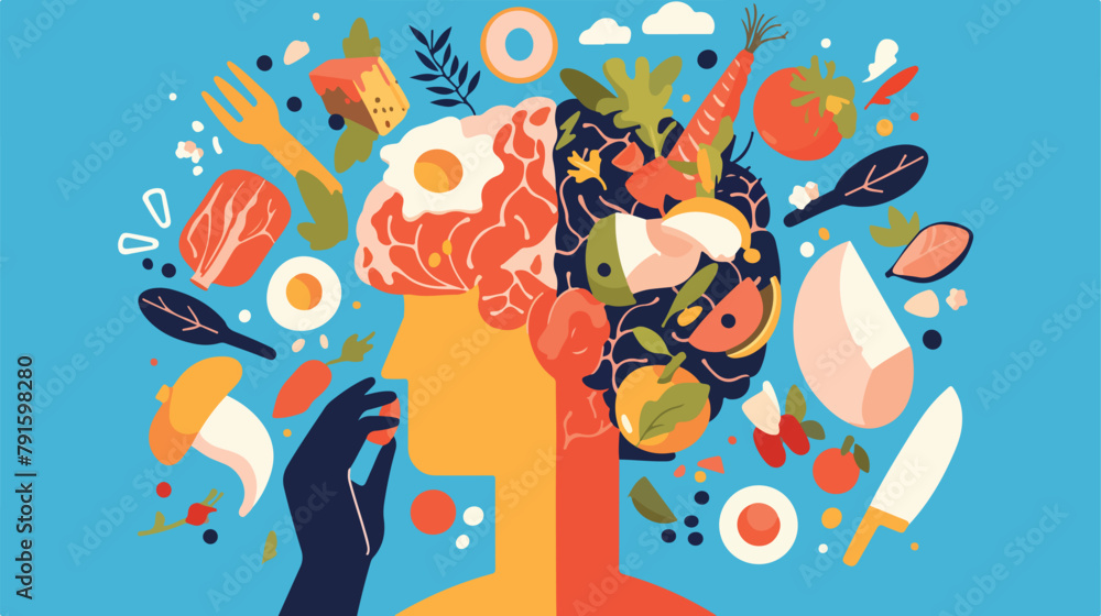 Health and unhealth Food eat in brain. Human head s